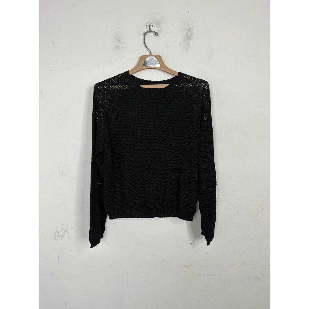 Uniqlo Mesh Crew Neck Sweater Black Open Knit Long Sleeve Top Size L